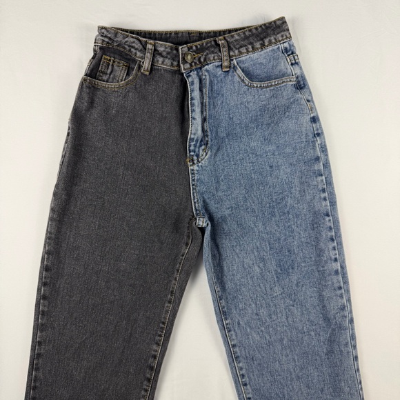 SHEIN Two Tone Split Denim Jeans Size Small High Rise Colorblock Blue Black - Picture 2 of 7